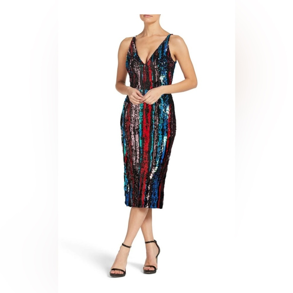 Dress the Population Multicolor Sequin Striped V-Neck Midi Dress